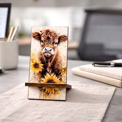 Personalized Highland Cow and Sunflowers cell phone stand, Rustic Wooden Phone Holder, Cute Decorative Custom Gift, Charging Cable Access