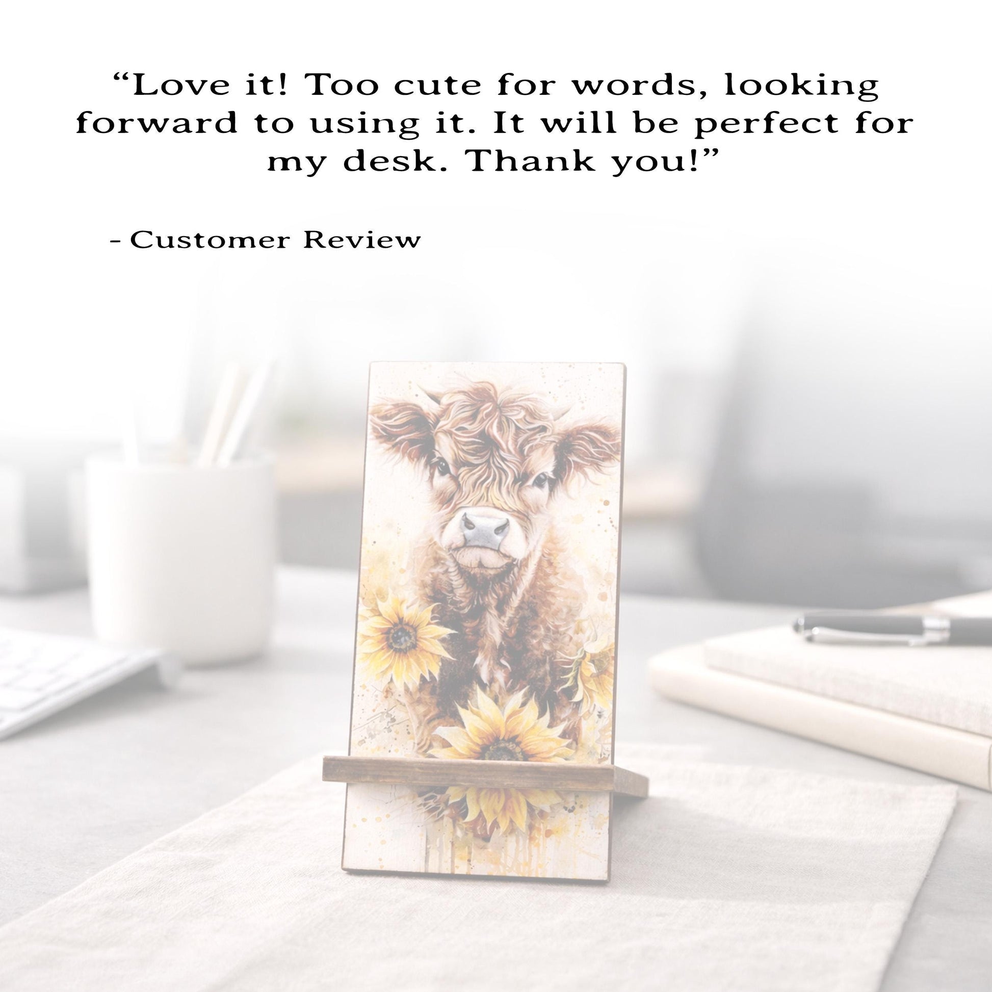 Personalized Highland Cow and Sunflowers cell phone stand, Rustic Wooden Phone Holder, Cute Decorative Custom Gift, Charging Cable Access