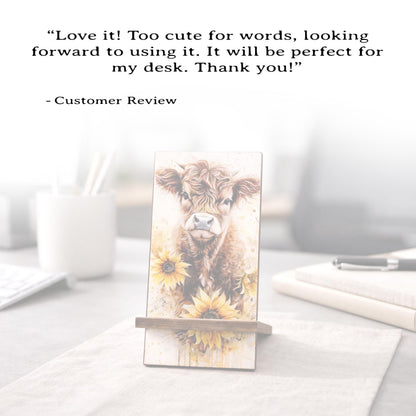 Personalized Highland Cow and Sunflowers cell phone stand, Rustic Wooden Phone Holder, Cute Decorative Custom Gift, Charging Cable Access