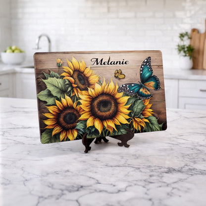 Sunflower Kitchen Decor, Sunflowers and Butterflies Brighten up your Kitchen Decor with this Environmentally Friendly Bamboo Cutting Board