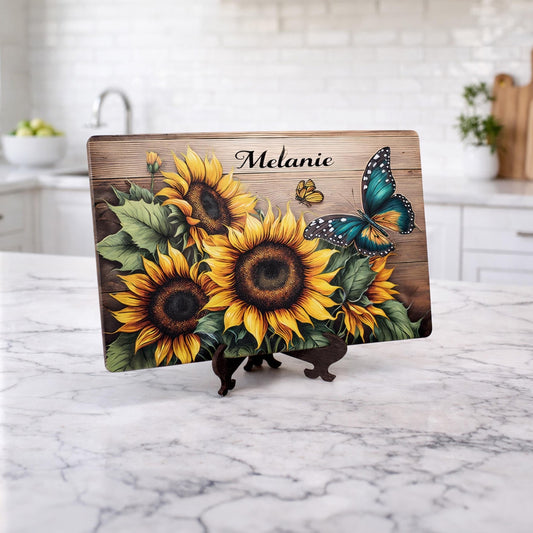 Sunflower Kitchen Decor, Sunflowers and Butterflies Brighten up your Kitchen Decor with this Environmentally Friendly Bamboo Cutting Board