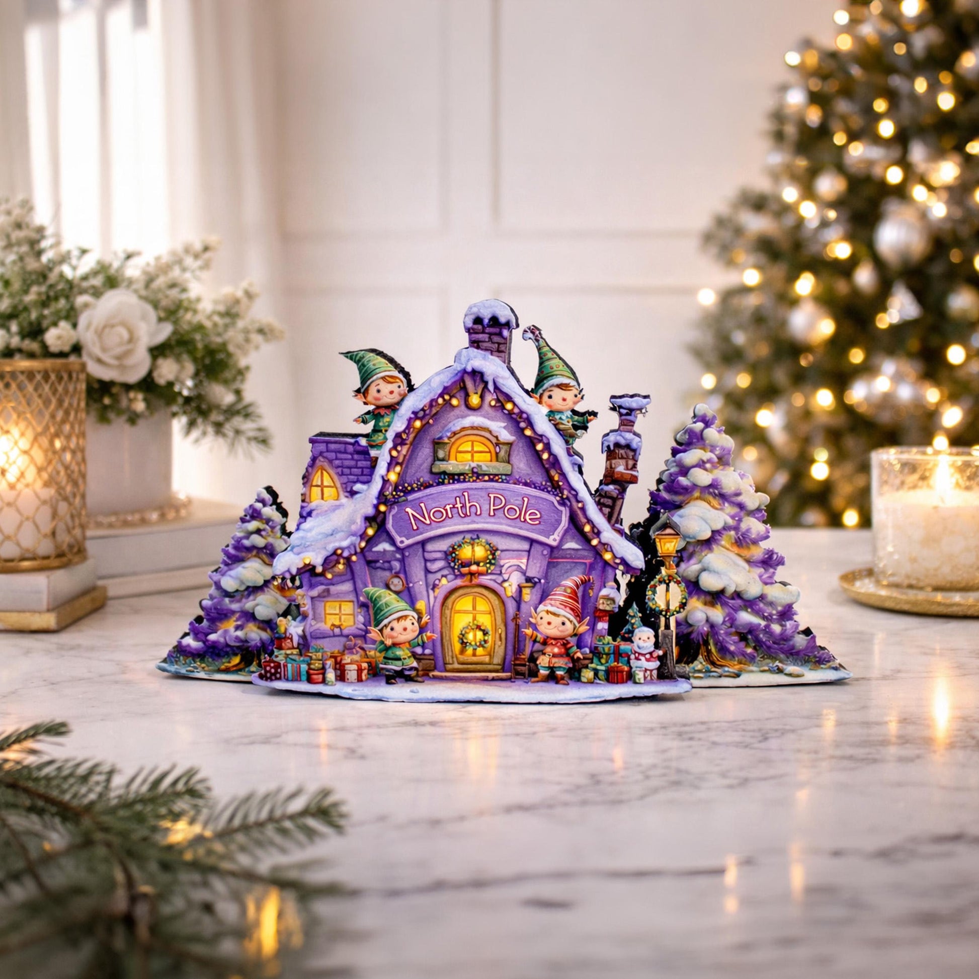 Personalized North Pole Workshop Shelf Sitter: Wooden Christmas Village Decor