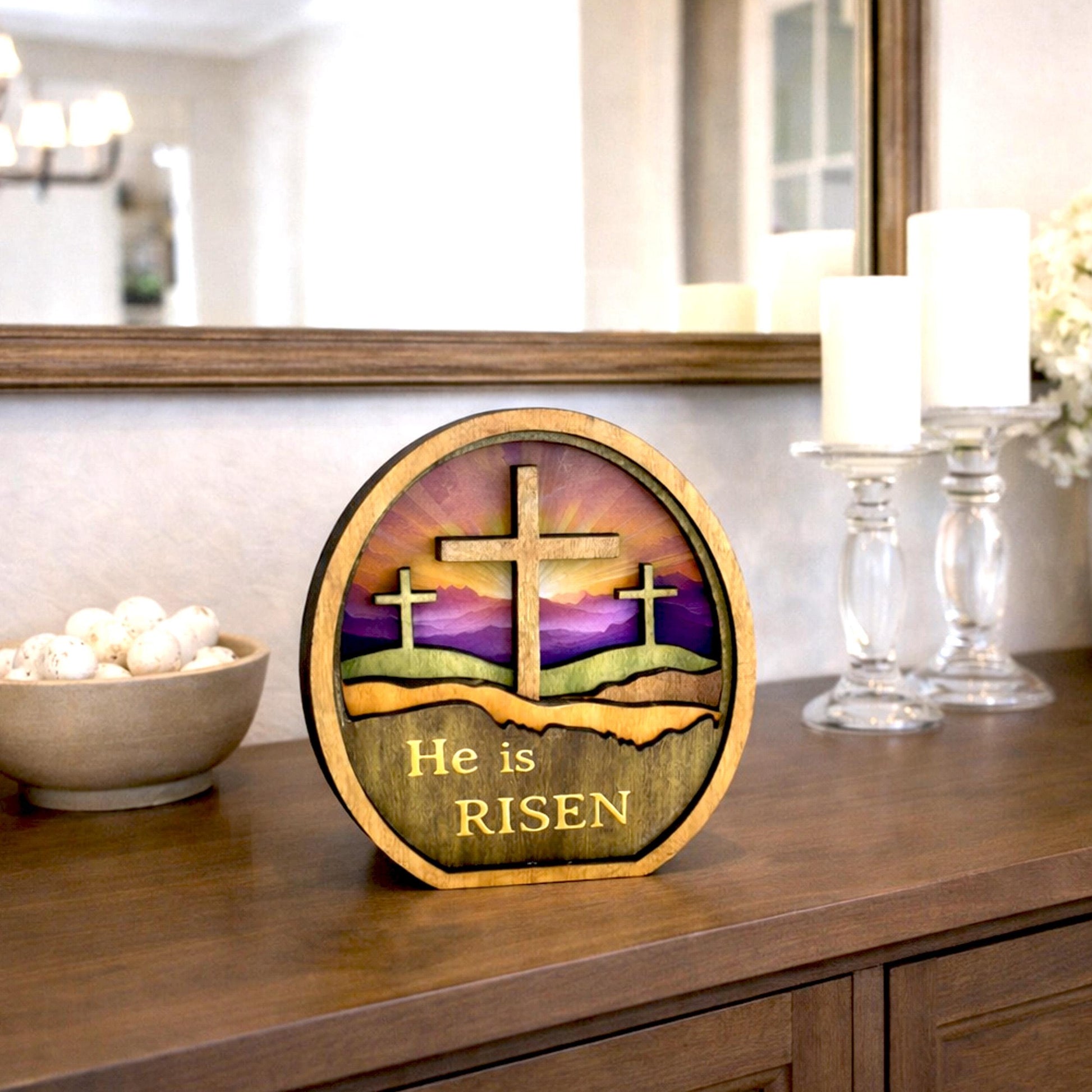 Personalized He Is Risen Easter Shelf Sitter, Christian Decor, Layered Wood Resurrection Sign, Religious Spring Tabletop Decor