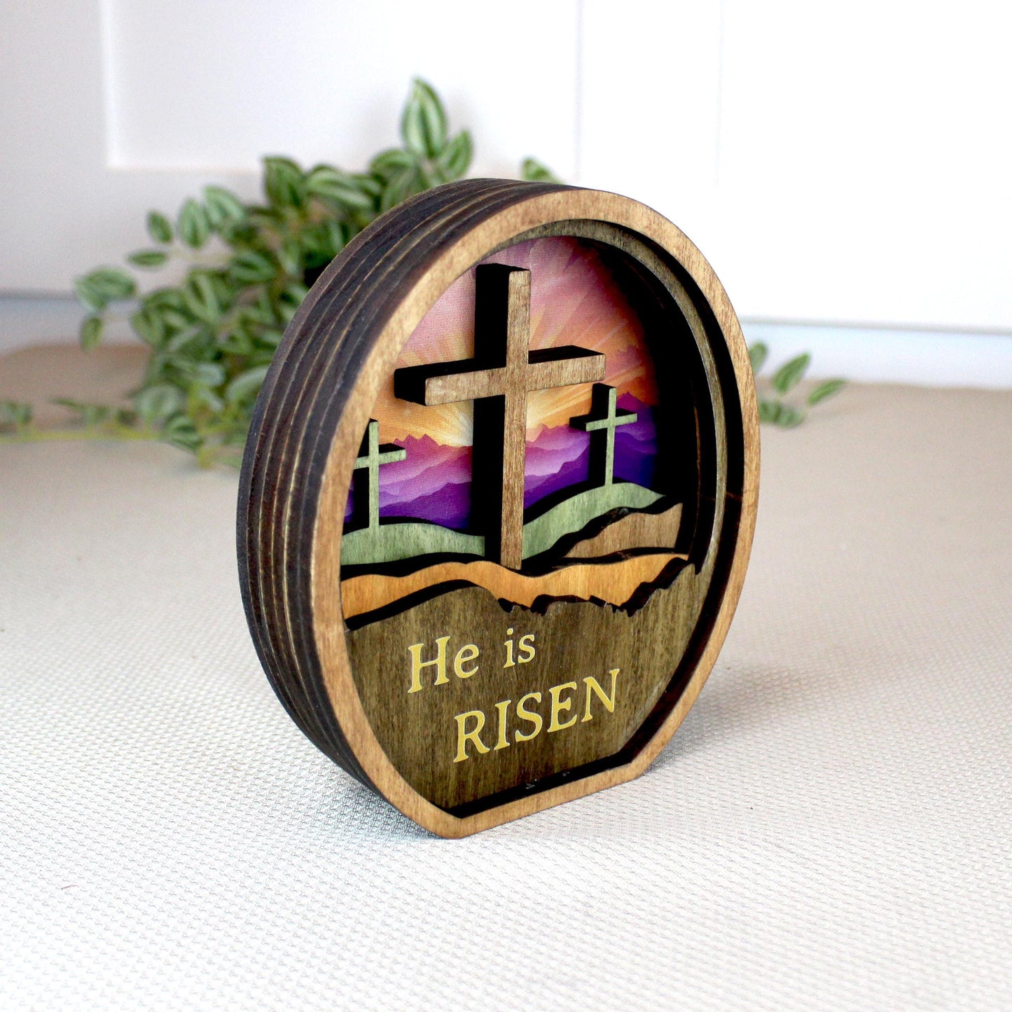Personalized He Is Risen Easter Shelf Sitter, Christian Decor, Layered Wood Resurrection Sign, Religious Spring Tabletop Decor