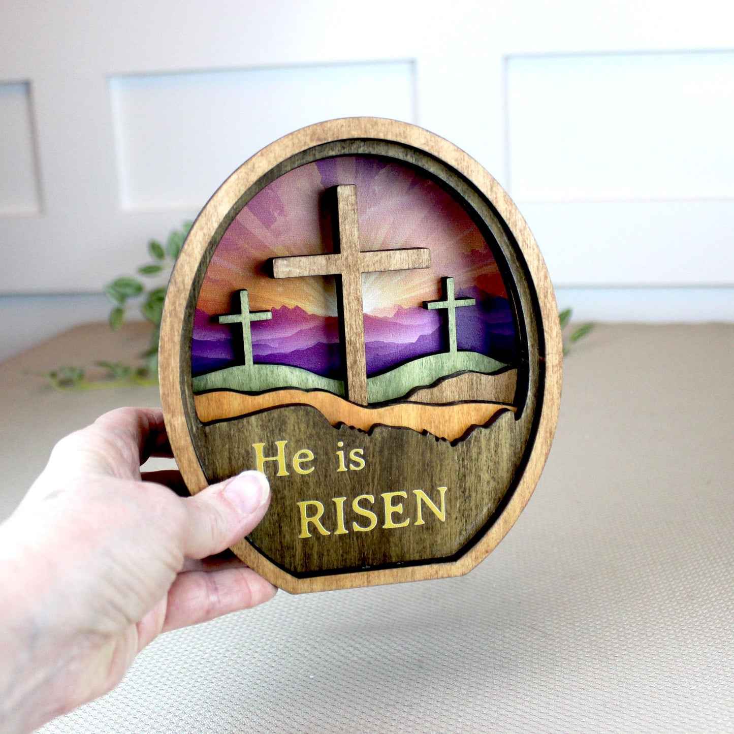 Personalized He Is Risen Easter Shelf Sitter, Christian Decor, Layered Wood Resurrection Sign, Religious Spring Tabletop Decor