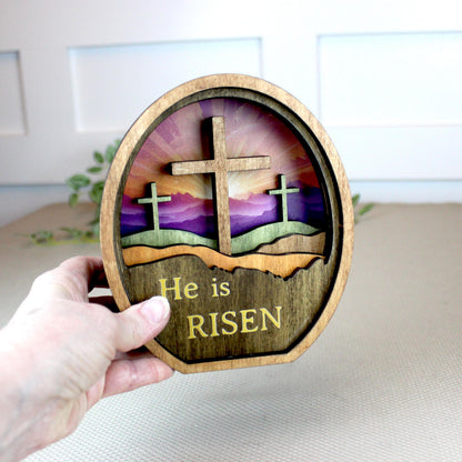 Personalized He Is Risen Easter Shelf Sitter, Christian Decor, Layered Wood Resurrection Sign, Religious Spring Tabletop Decor