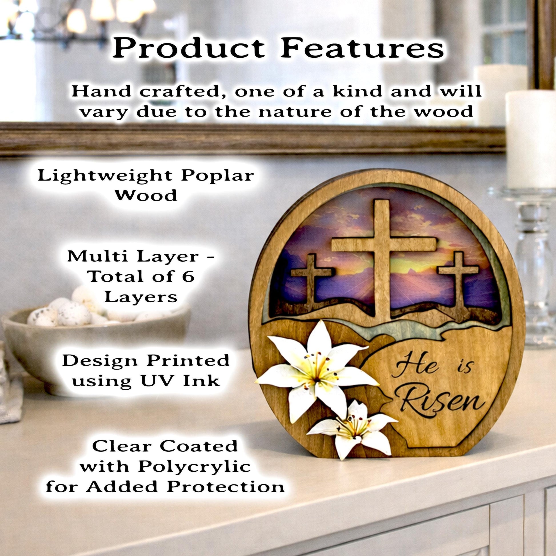 He Is Risen Easter Shelf Sitter – Multi-Layer Cross Scene with Easter Lilies, Personalized Mantel Decor