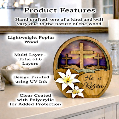 He Is Risen Easter Shelf Sitter – Multi-Layer Cross Scene with Easter Lilies, Personalized Mantel Decor