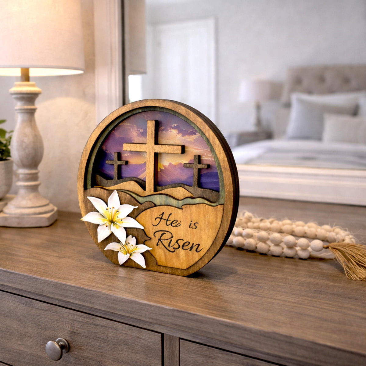 He Is Risen Easter Shelf Sitter – Multi-Layer Cross Scene with Easter Lilies, Personalized Mantel Decor