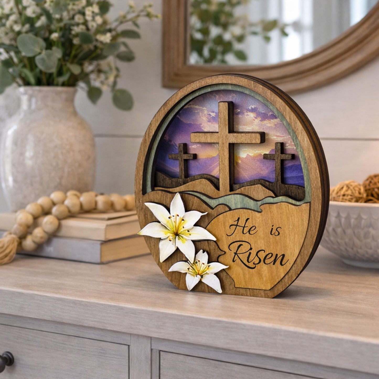 He Is Risen Easter Shelf Sitter – Multi-Layer Cross Scene with Easter Lilies, Personalized Mantel Decor