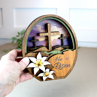He Is Risen Easter Shelf Sitter – Multi-Layer Cross Scene with Easter Lilies, Personalized Mantel Decor