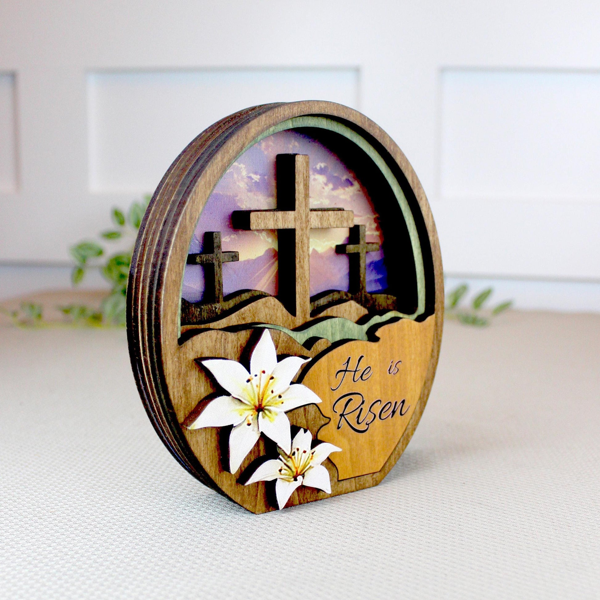 He Is Risen Easter Shelf Sitter – Multi-Layer Cross Scene with Easter Lilies, Personalized Mantel Decor