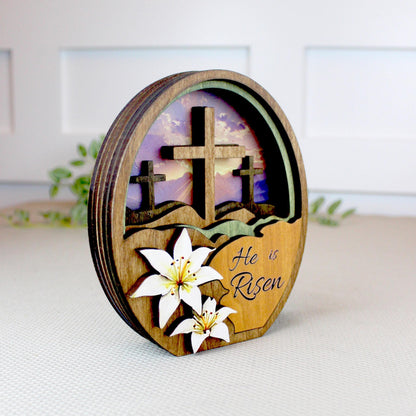 He Is Risen Easter Shelf Sitter – Multi-Layer Cross Scene with Easter Lilies, Personalized Mantel Decor