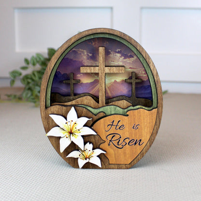 He Is Risen Easter Shelf Sitter – Multi-Layer Cross Scene with Easter Lilies, Personalized Mantel Decor