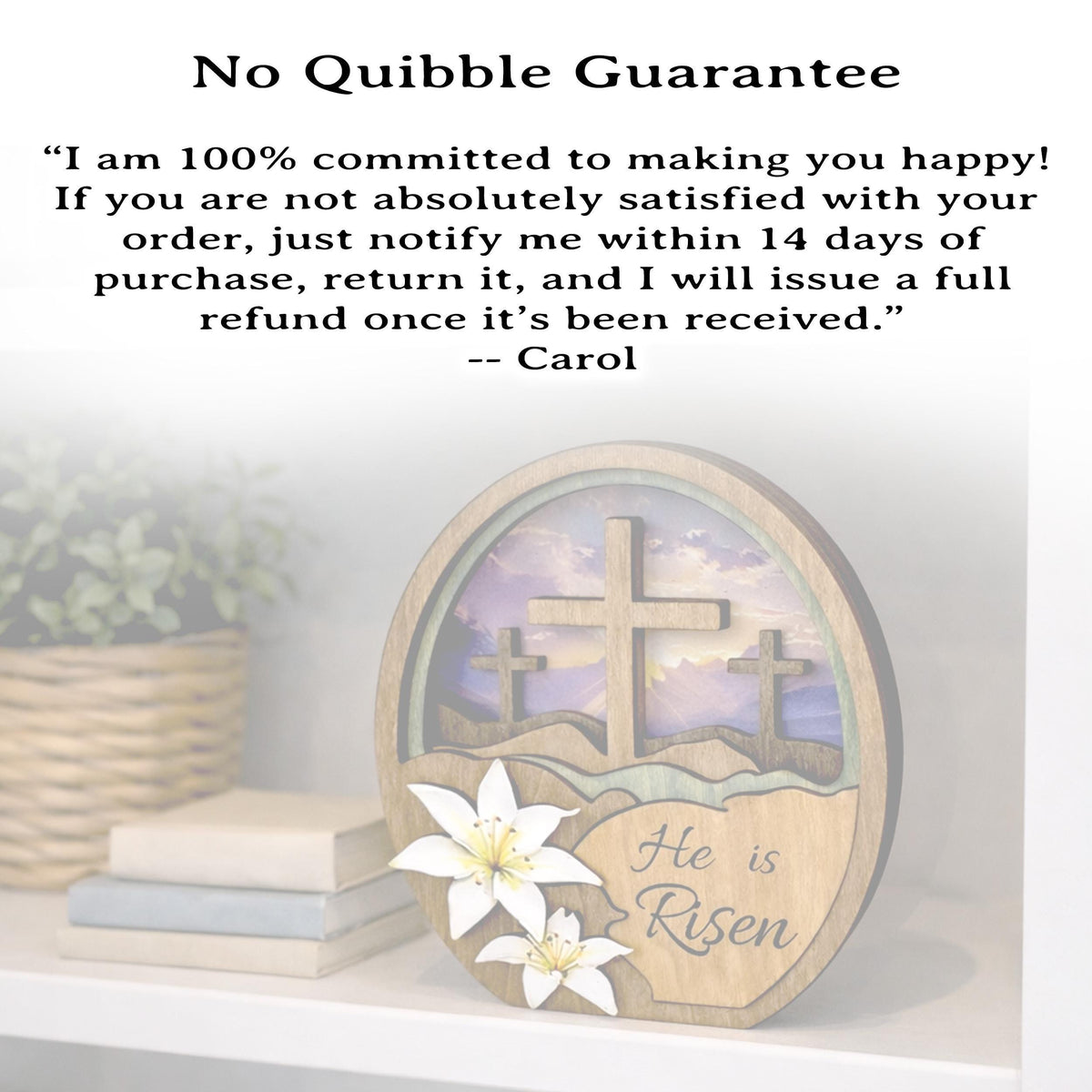 He Is Risen Easter Shelf Sitter – Multi-Layer Cross Scene with Easter Lilies, Personalized Mantel Decor