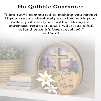 He Is Risen Easter Shelf Sitter – Multi-Layer Cross Scene with Easter Lilies, Personalized Mantel Decor