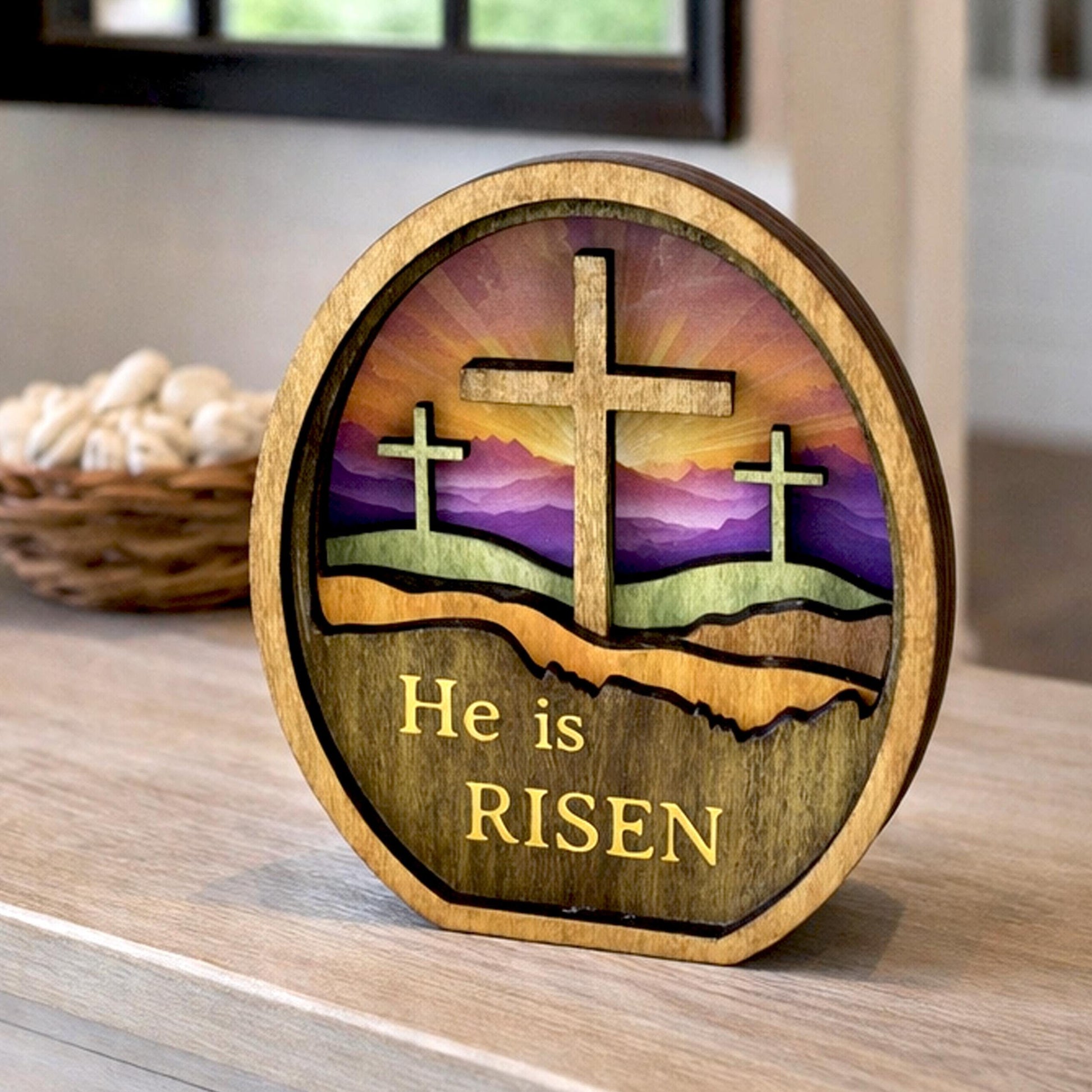 Personalized He Is Risen Easter Shelf Sitter, Christian Decor, Layered Wood Resurrection Sign, Religious Spring Tabletop Decor