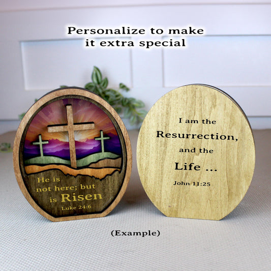 Personalized He Is Risen Easter Shelf Sitter, Christian Decor, Layered Wood Resurrection Sign, Religious Spring Tabletop Decor