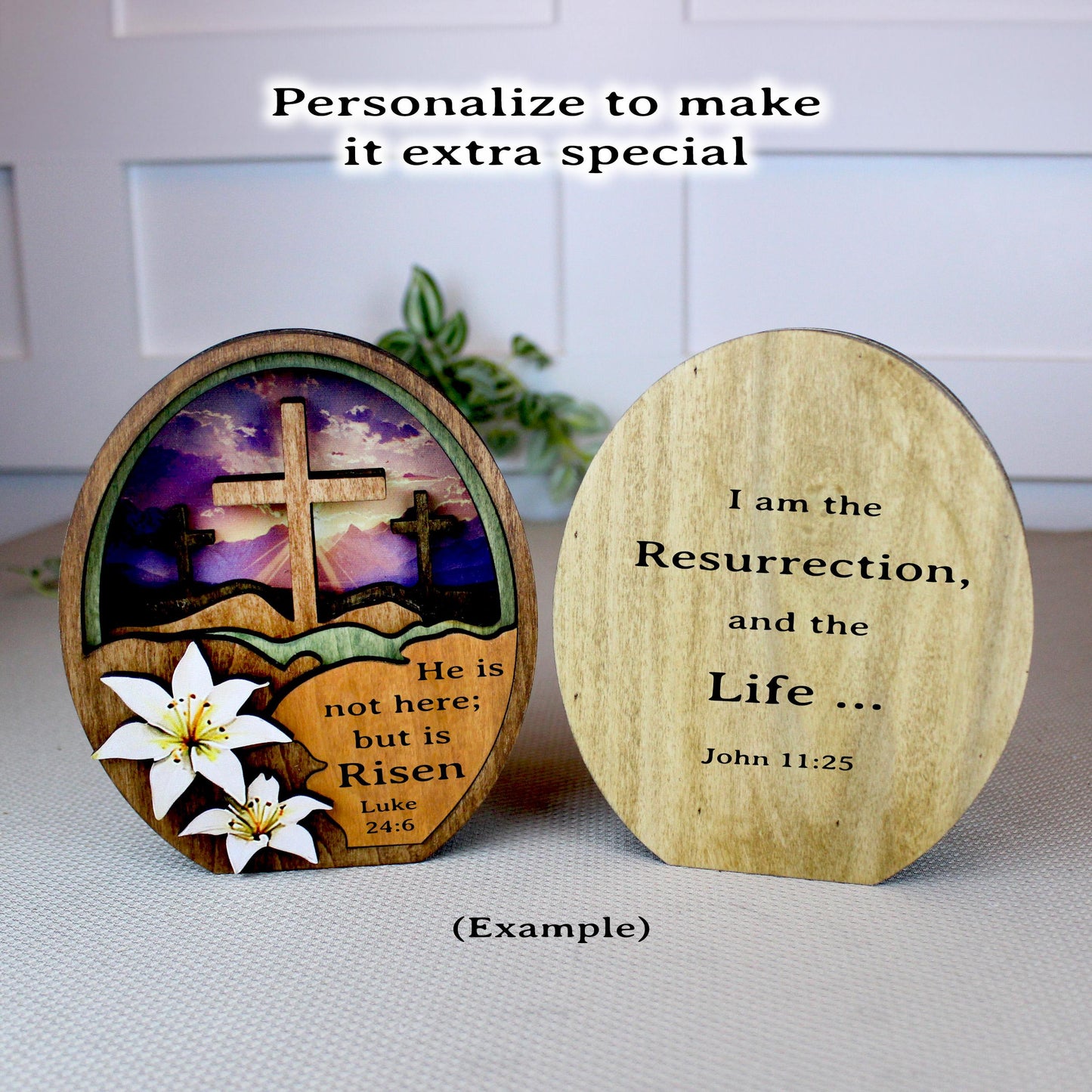 He Is Risen Easter Shelf Sitter – Multi-Layer Cross Scene with Easter Lilies, Personalized Mantel Decor