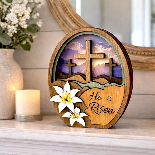 He Is Risen Easter Shelf Sitter – Multi-Layer Cross Scene with Easter Lilies, Personalized Mantel Decor