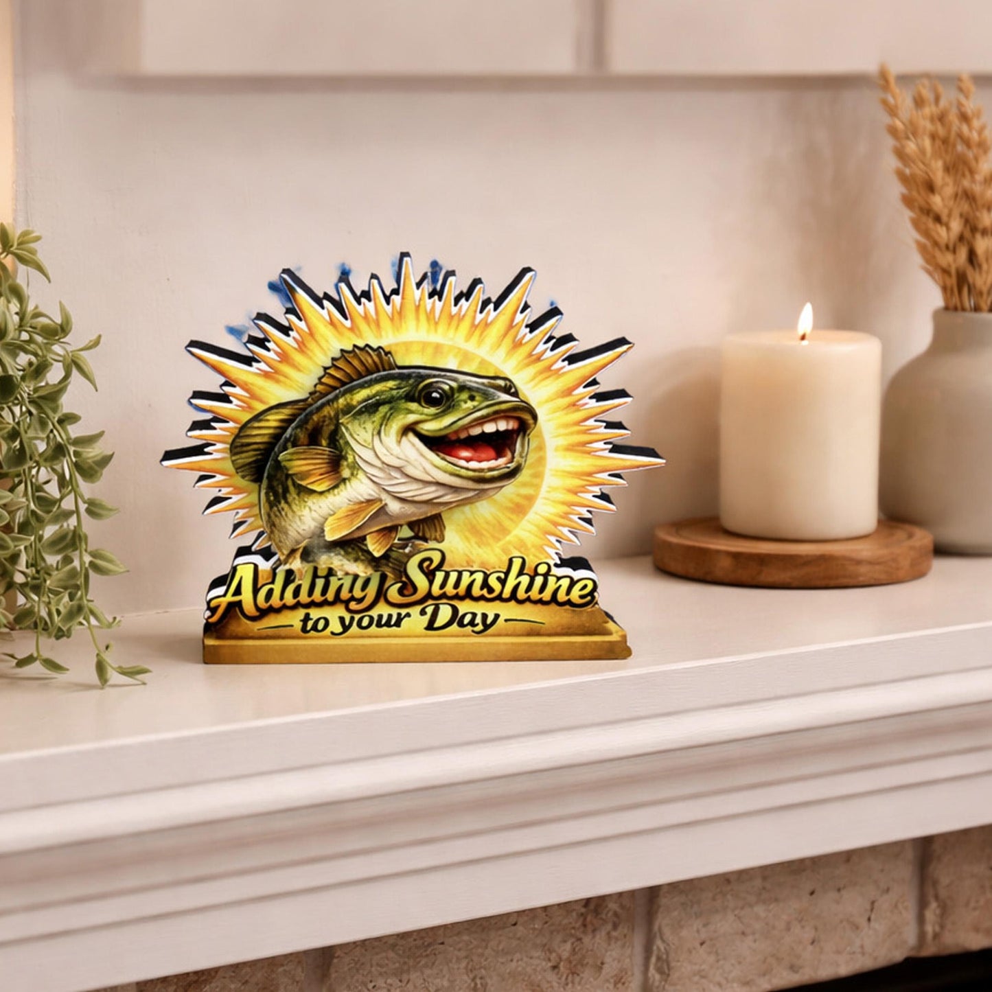 Personalized Fish Shelf Sitter, Fishing Gift Decor, Adding Sunshine to Your Day Sign, Layered Wood Tabletop Decor