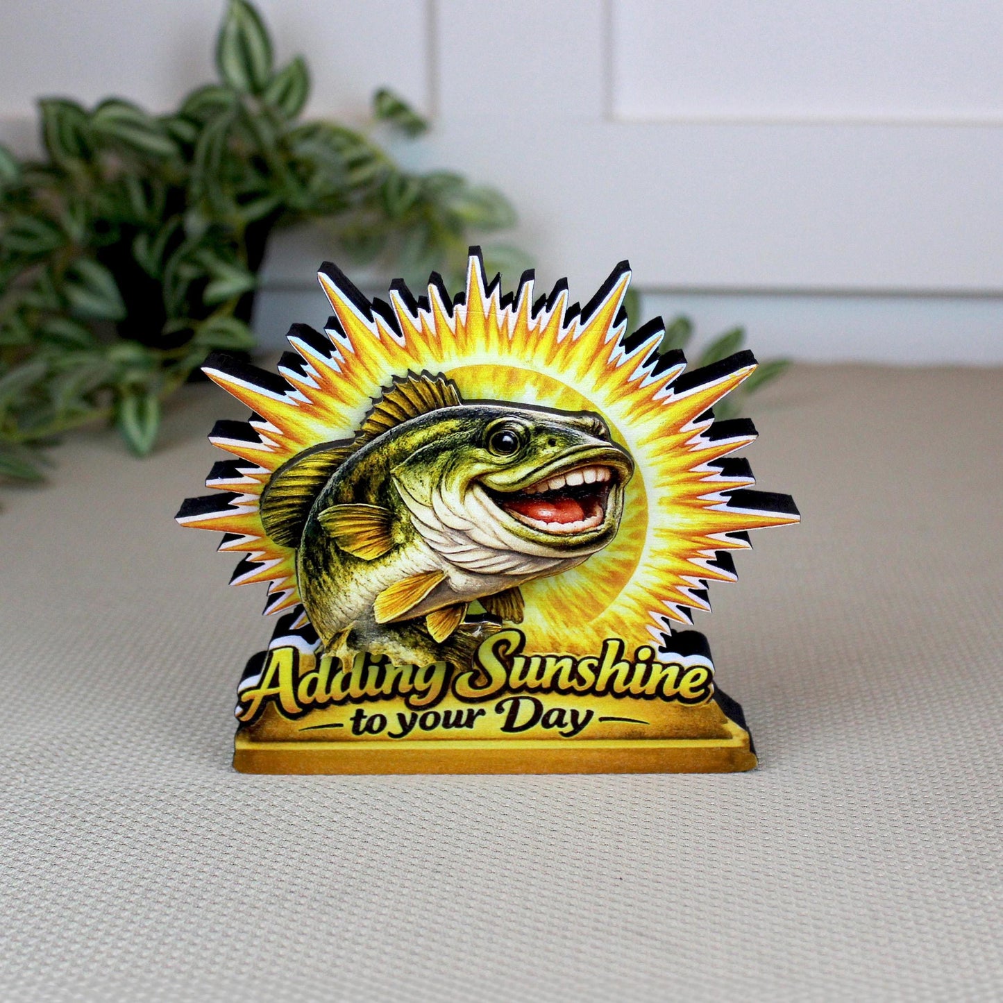 Personalized Fish Shelf Sitter, Fishing Gift Decor, Adding Sunshine to Your Day Sign, Layered Wood Tabletop Decor