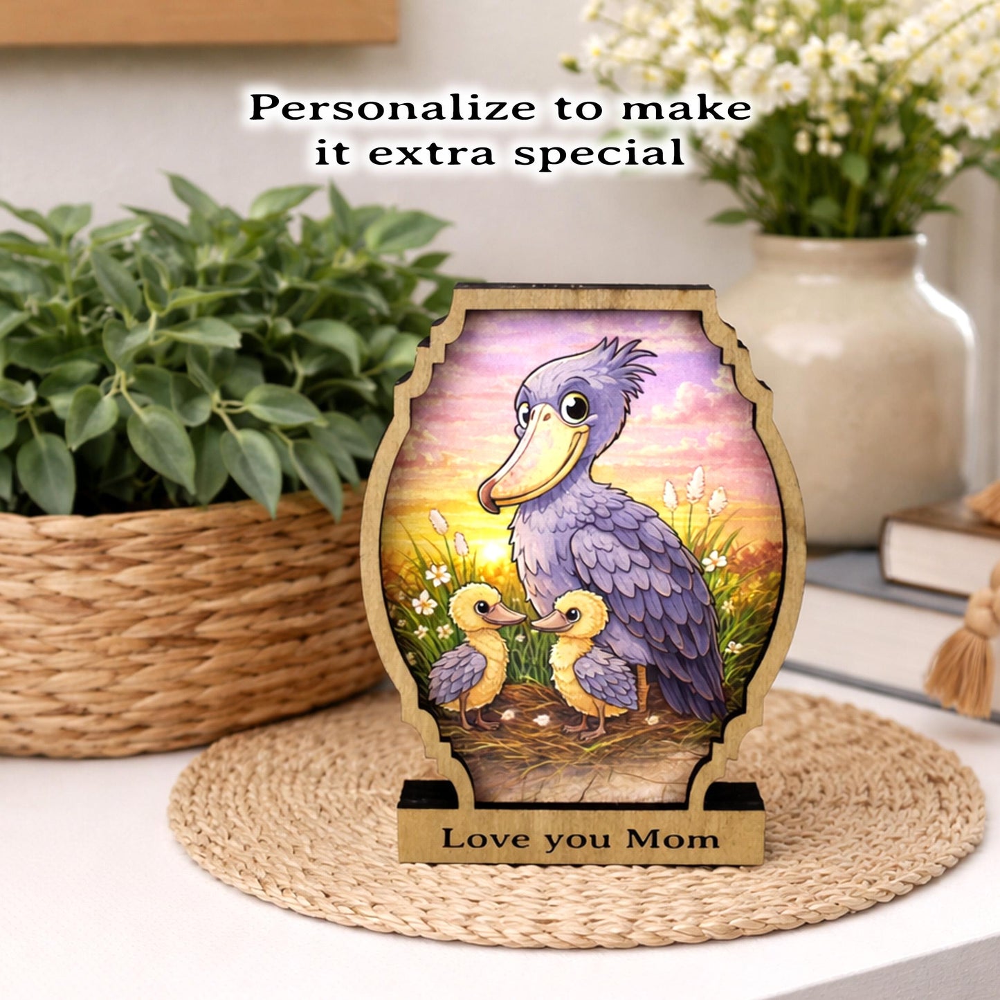 Personalized Shoebill Stork Shelf Sitter, Bird Mom Decor, Woodland Nursery Gift, Color Sketch Tabletop Sign, Nature Lover Keepsake