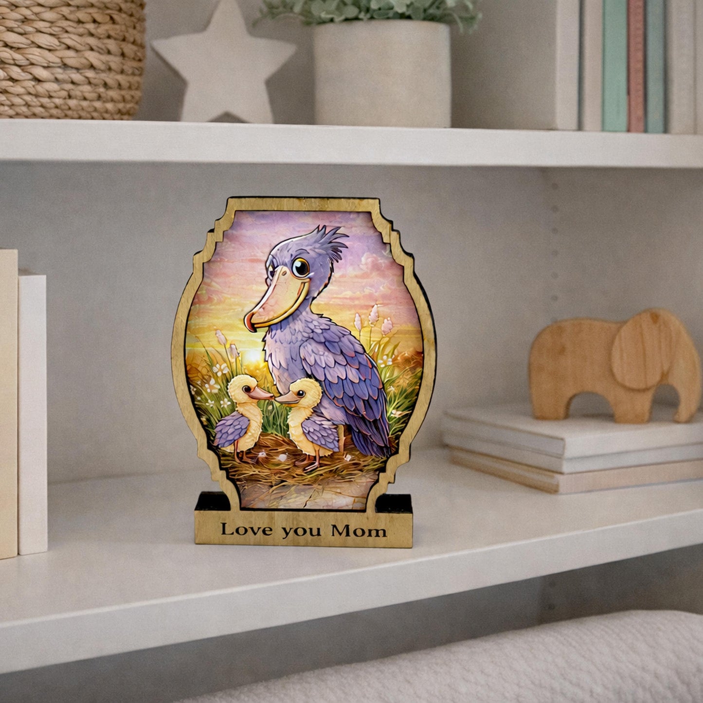 Personalized Shoebill Stork Shelf Sitter, Bird Mom Decor, Woodland Nursery Gift, Color Sketch Tabletop Sign, Nature Lover Keepsake