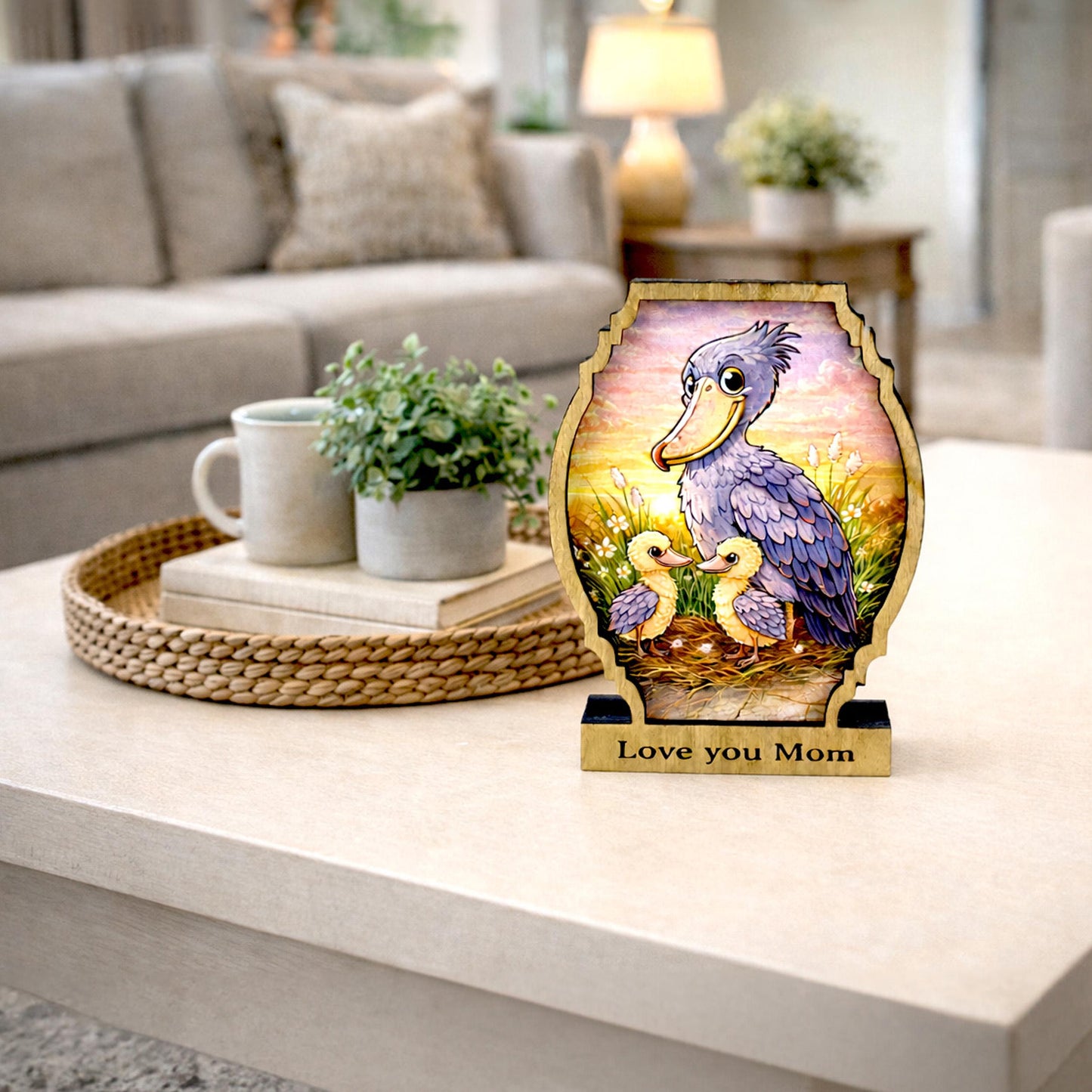 Personalized Shoebill Stork Shelf Sitter, Bird Mom Decor, Woodland Nursery Gift, Color Sketch Tabletop Sign, Nature Lover Keepsake
