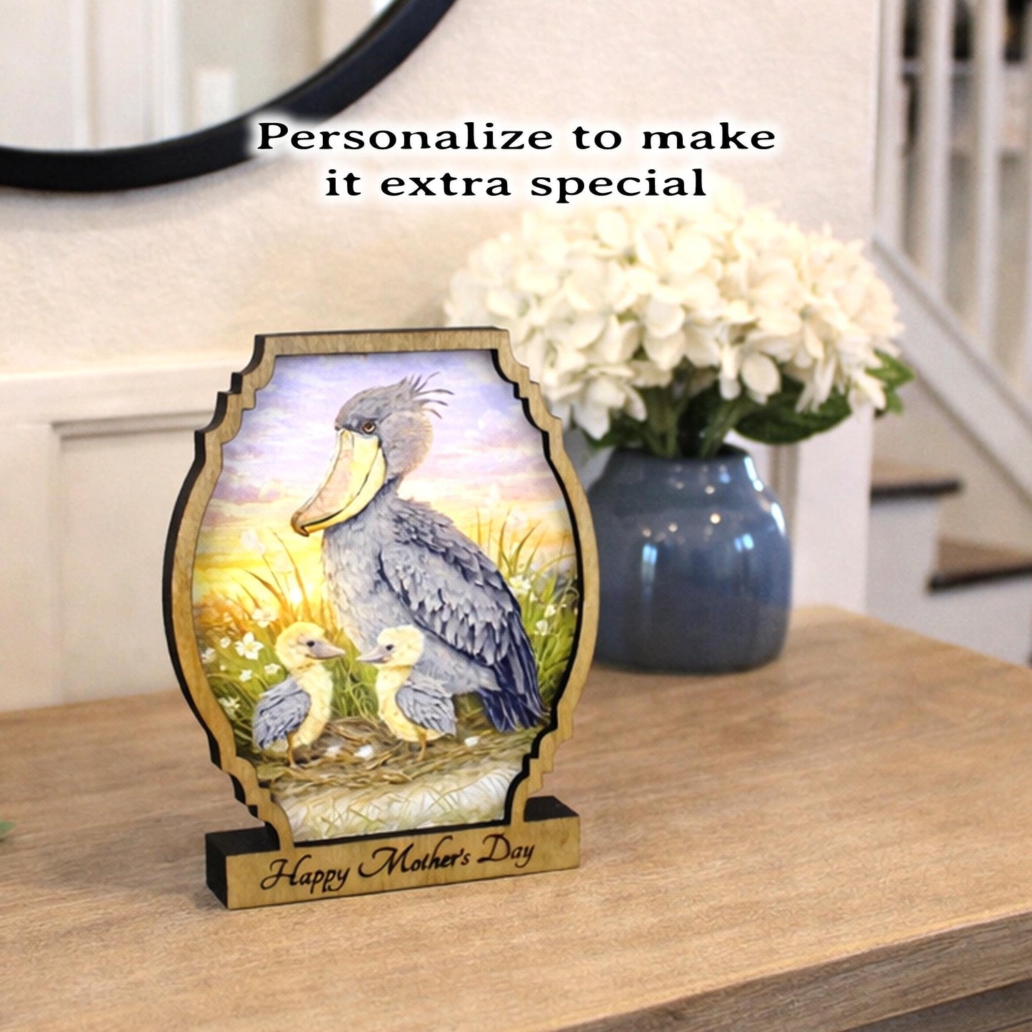 Personalized Shoebill Stork Mother’s Day Shelf Sitter, Bird Mom Gift, Painted Bird Table Decor, Nature Lover Keepsake
