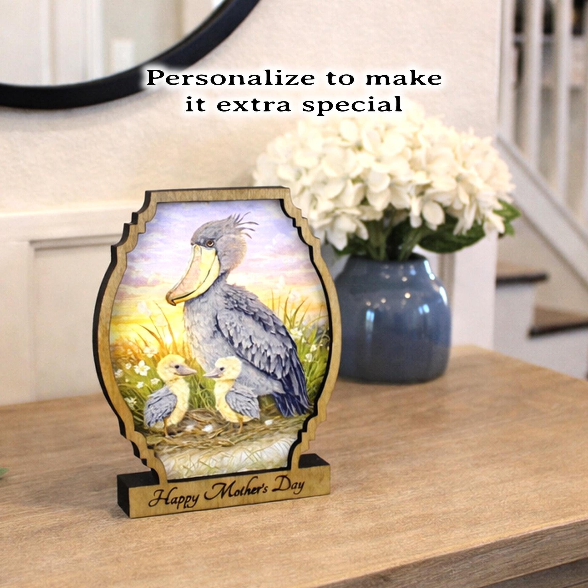 Personalized Shoebill Stork Mother’s Day Shelf Sitter, Bird Mom Gift, Painted Bird Table Decor, Nature Lover Keepsake