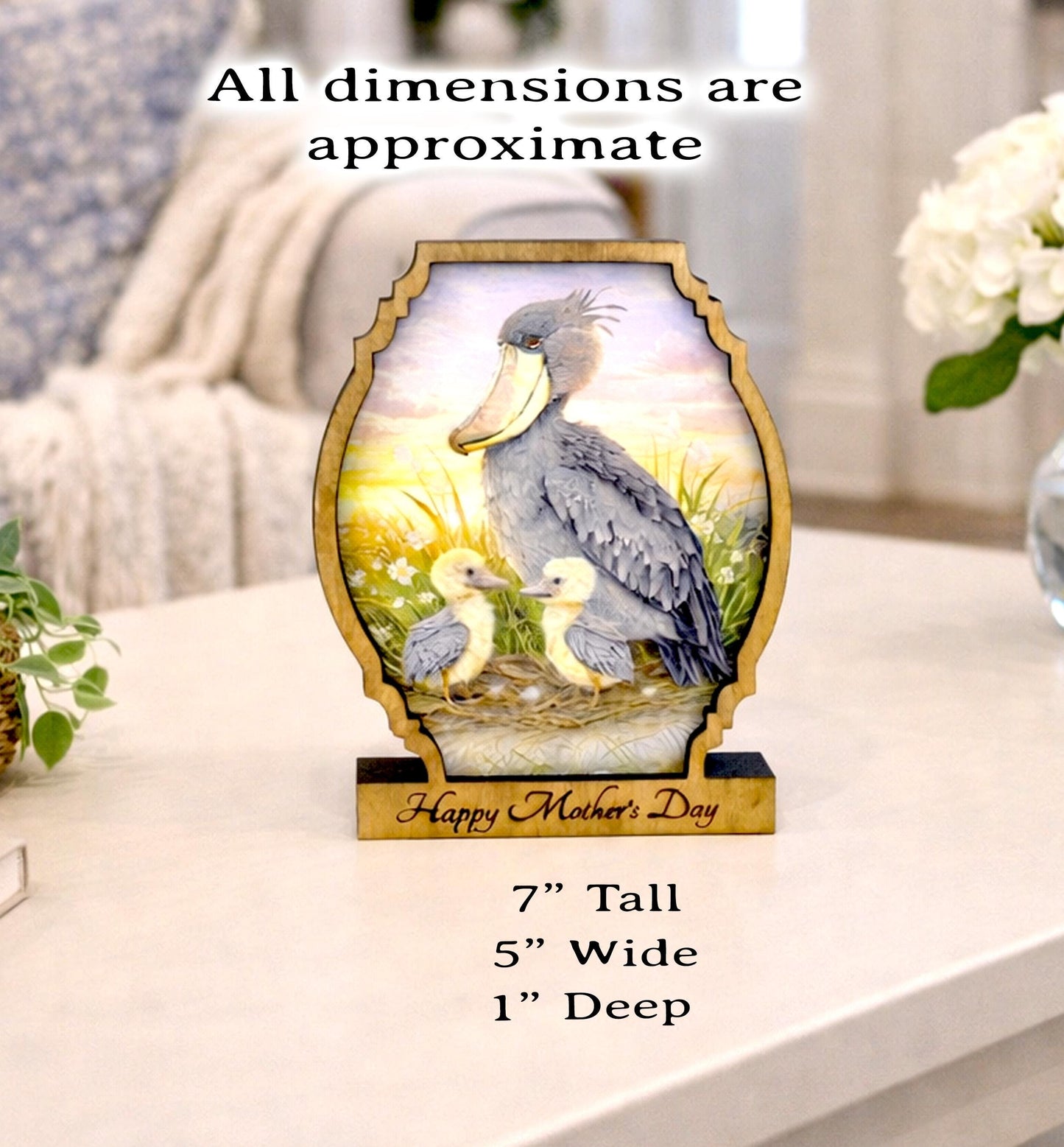 Personalized Shoebill Stork Mother’s Day Shelf Sitter, Bird Mom Gift, Painted Bird Table Decor, Nature Lover Keepsake