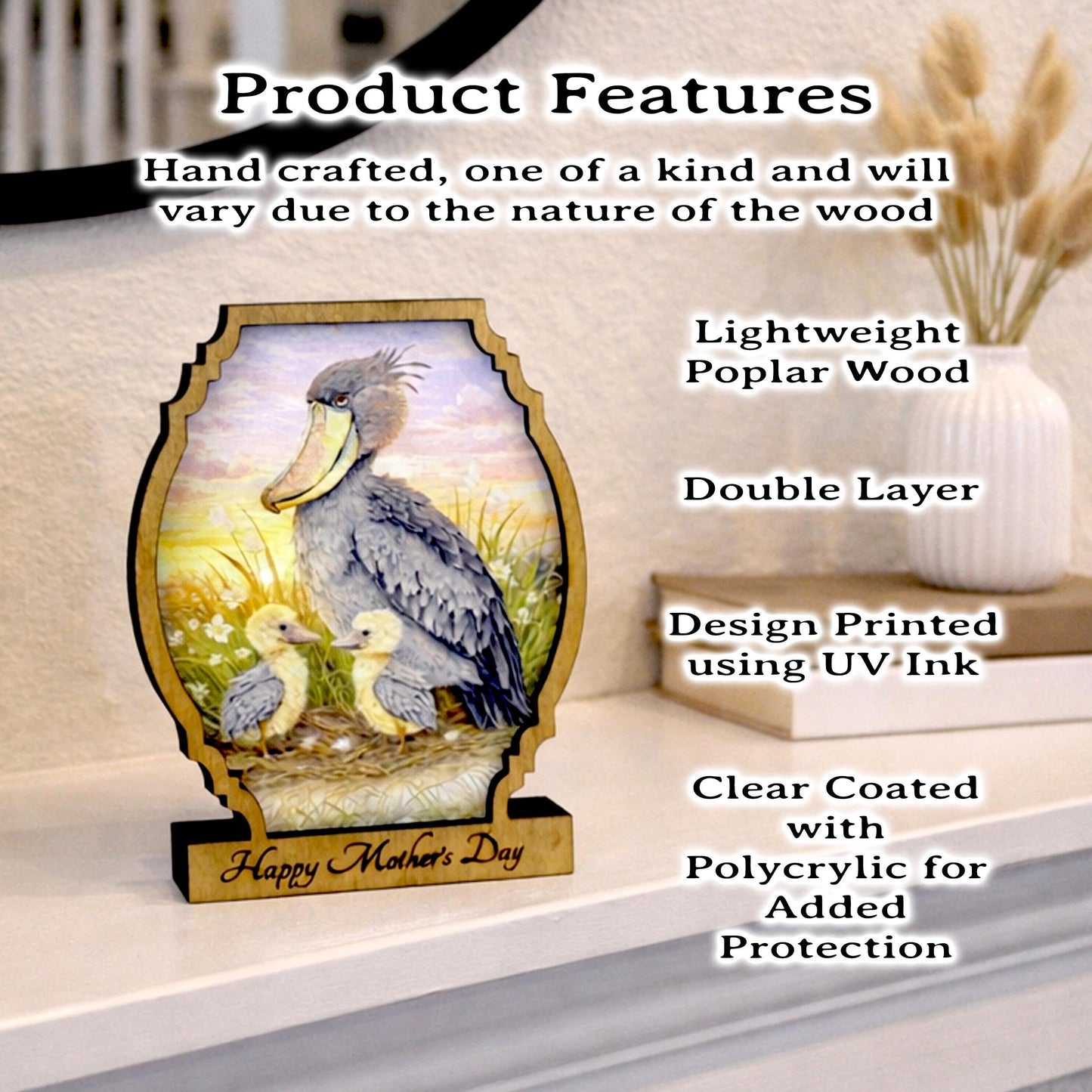 Personalized Shoebill Stork Mother’s Day Shelf Sitter, Bird Mom Gift, Painted Bird Table Decor, Nature Lover Keepsake
