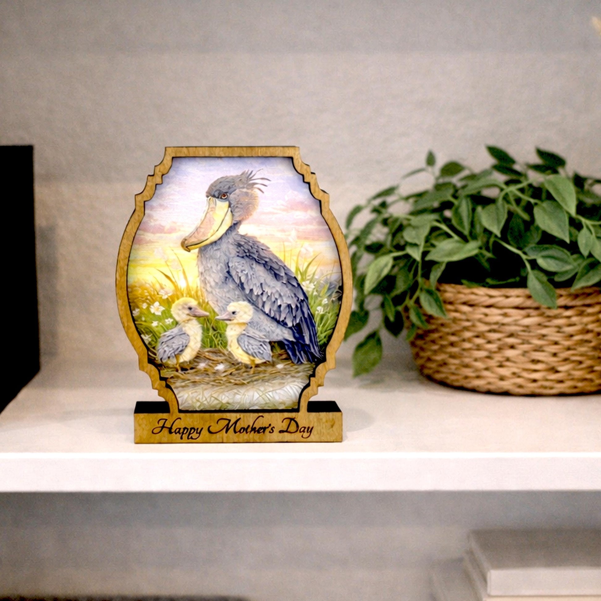 Personalized Shoebill Stork Mother’s Day Shelf Sitter, Bird Mom Gift, Painted Bird Table Decor, Nature Lover Keepsake
