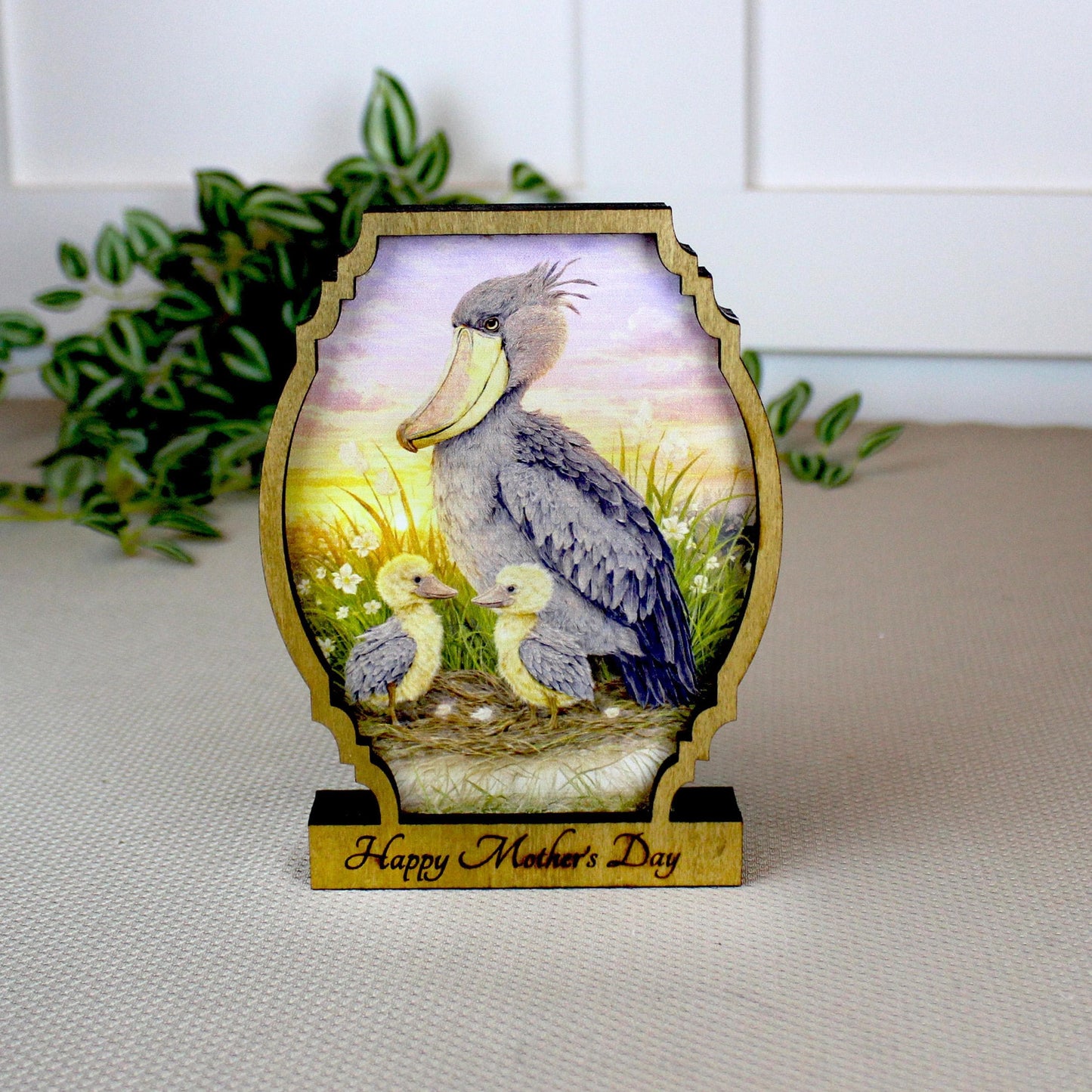 Personalized Shoebill Stork Mother’s Day Shelf Sitter, Bird Mom Gift, Painted Bird Table Decor, Nature Lover Keepsake