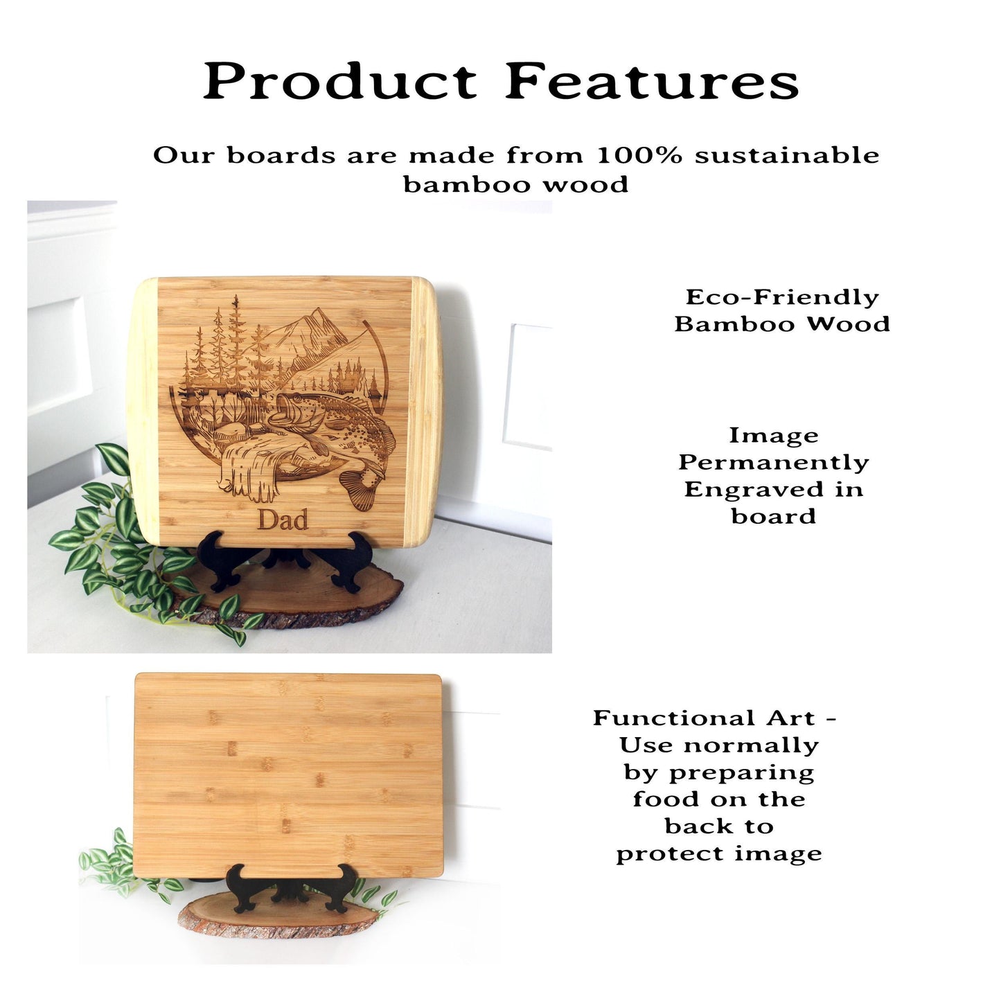 Mountain Fishing Design Decorate this Bamboo Cutting Board and can be Personalized, Environmentally Friendly Gifts and Wood Easel Include
