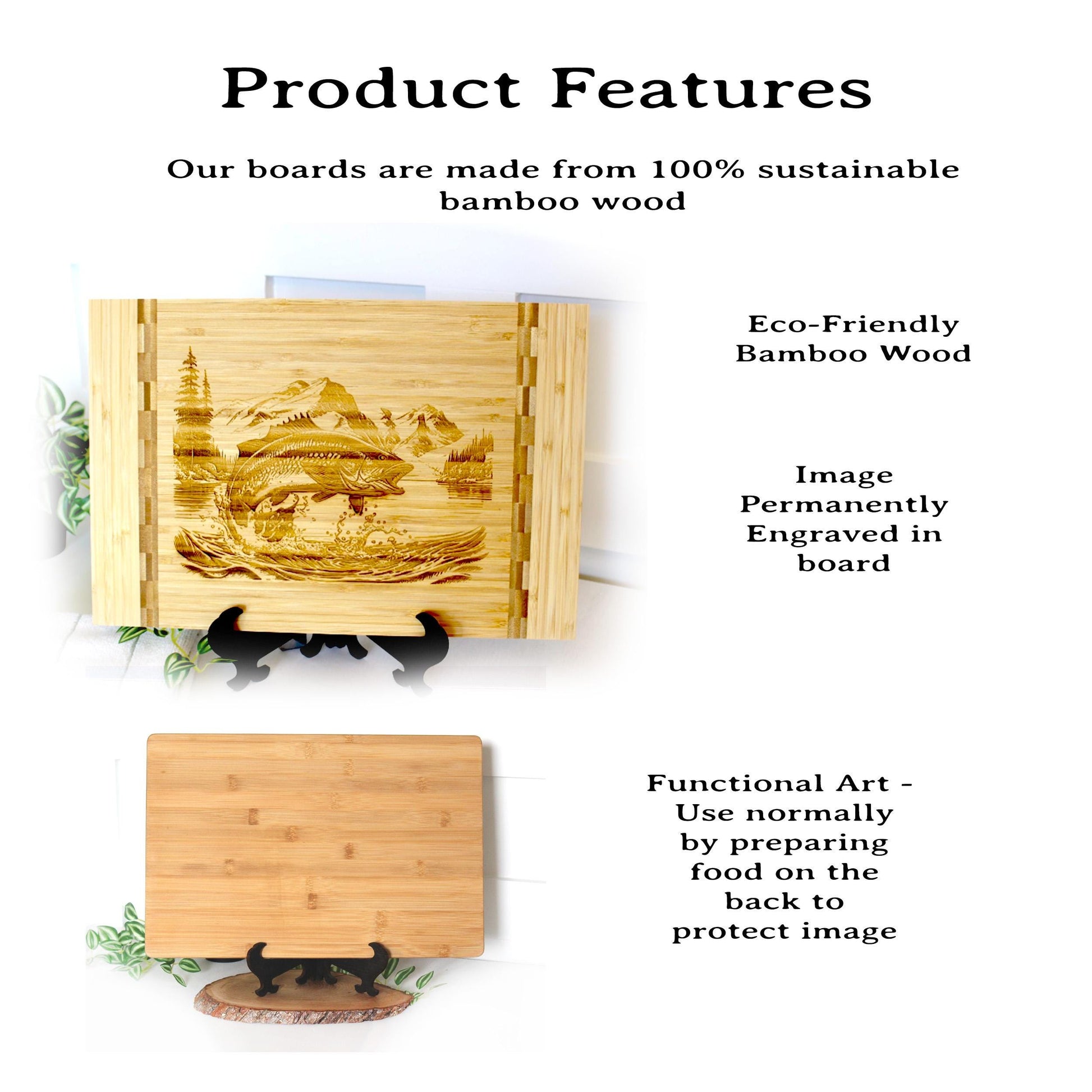 Mountain Lake Fishing Design Decorate this Bamboo Cutting Board & can be Personalized, Environmentally Friendly Gifts and Wood Easel Include