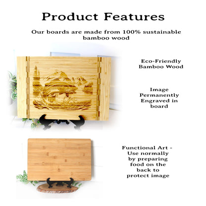 Mountain Lake Fishing Design Decorate this Bamboo Cutting Board & can be Personalized, Environmentally Friendly Gifts and Wood Easel Include