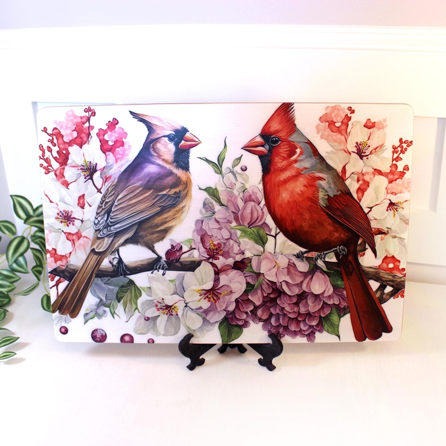 Cardinals with Spring Flowers Brighten up your Kitchen Decor, Environmentally Friendly Bamboo Cutting Board using UV Ink