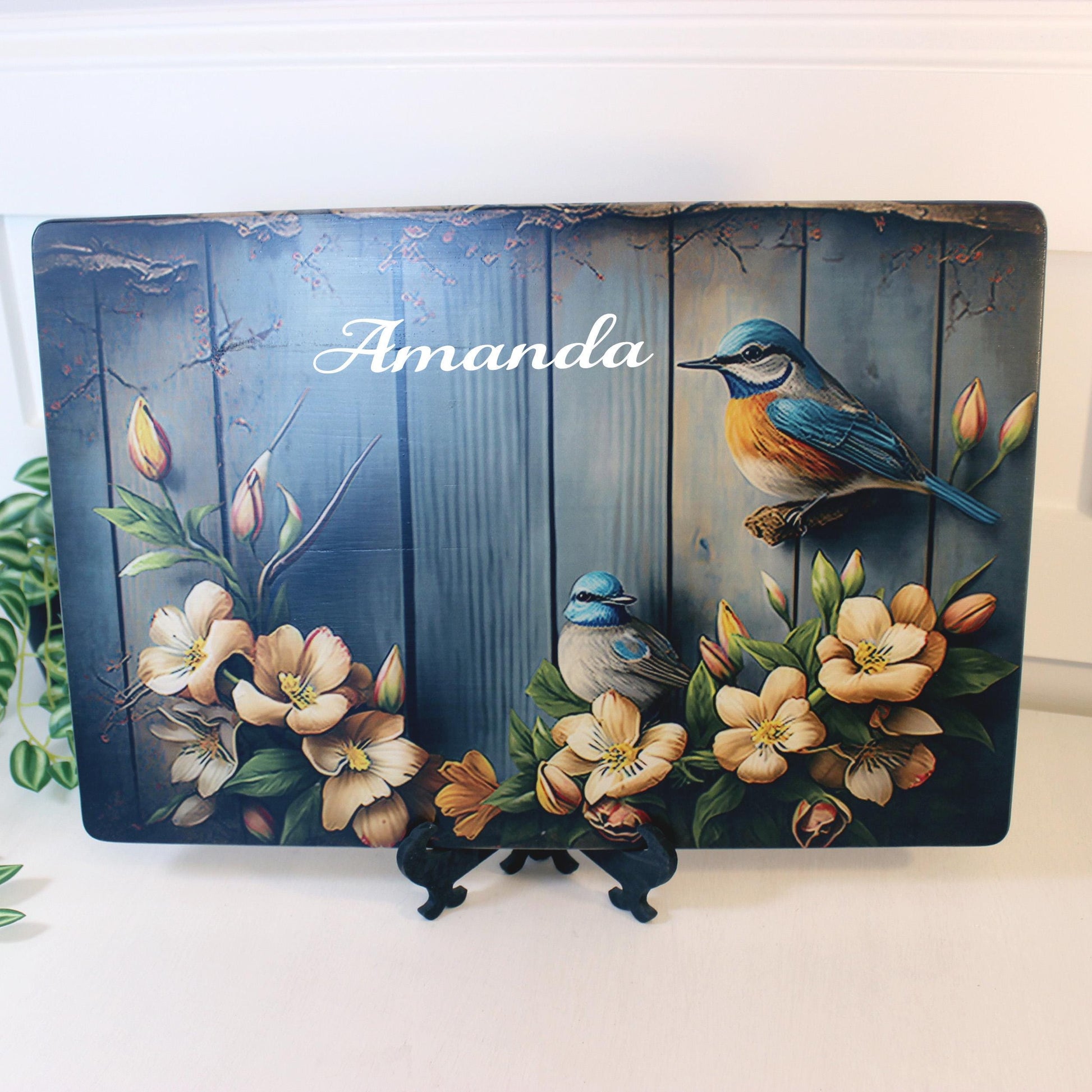 Rustic Summer Blue Birds with Flowers Brighten up your Kitchen Decor, an Environmentally Friendly Bamboo Cutting Board Decorated with UV Ink