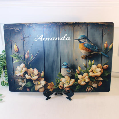 Rustic Summer Blue Birds with Flowers Brighten up your Kitchen Decor, an Environmentally Friendly Bamboo Cutting Board Decorated with UV Ink