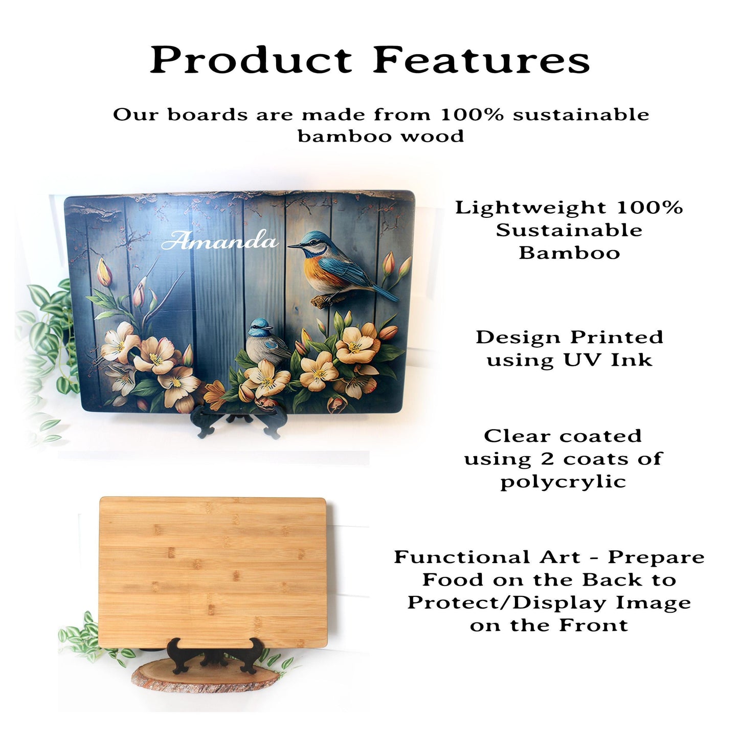 Rustic Summer Blue Birds with Flowers Brighten up your Kitchen Decor, an Environmentally Friendly Bamboo Cutting Board Decorated with UV Ink