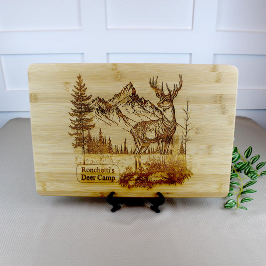 Deer in the Mountains Bamboo Cutting Board is an Engraved Large / Small Board with a Wonderful Design Geared towards Hunters & Nature Lovers
