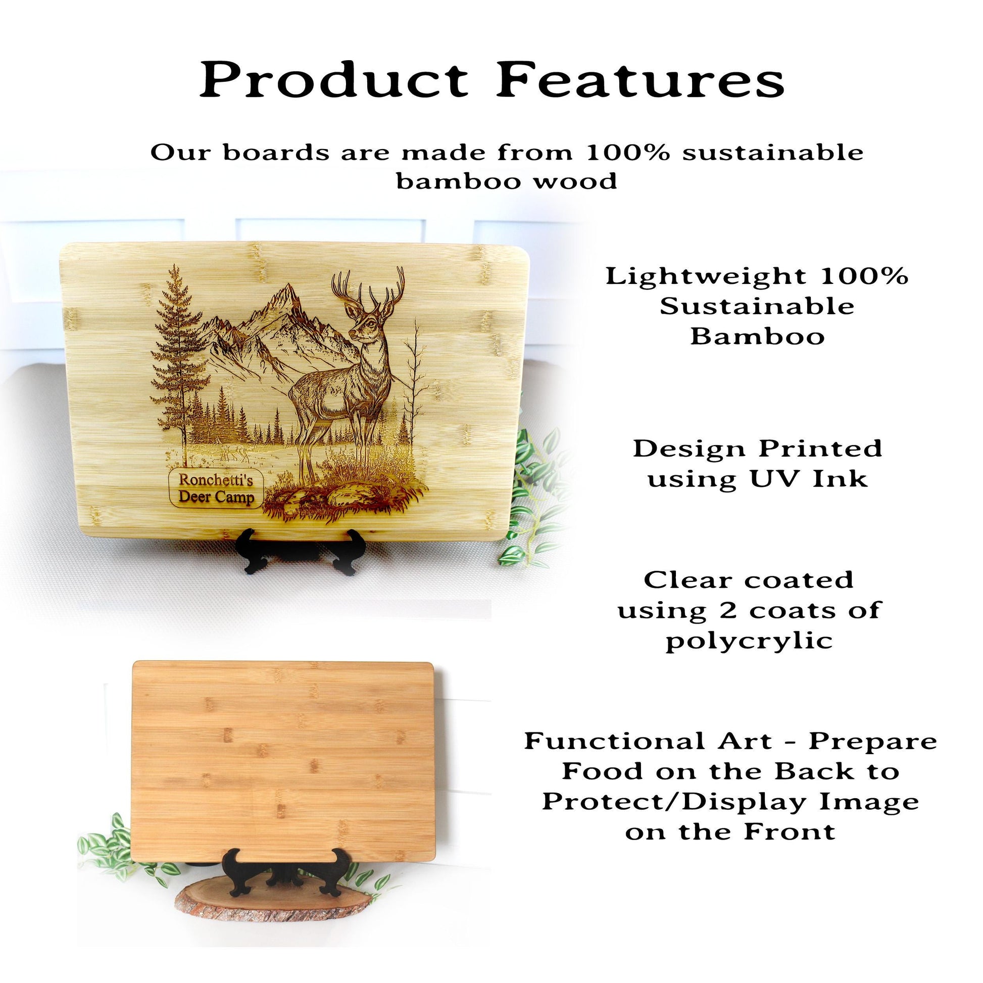 Deer in the Mountains Bamboo Cutting Board is an Engraved Large / Small Board with a Wonderful Design Geared towards Hunters & Nature Lovers