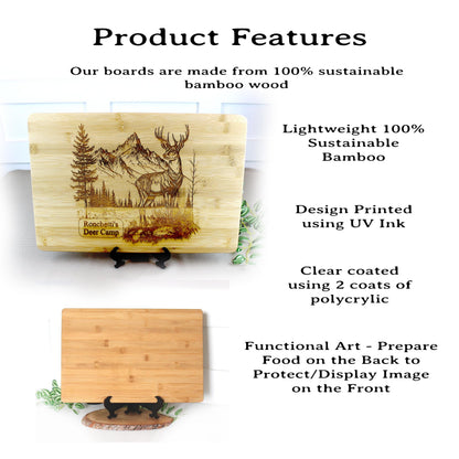 Deer in the Mountains Bamboo Cutting Board is an Engraved Large / Small Board with a Wonderful Design Geared towards Hunters & Nature Lovers