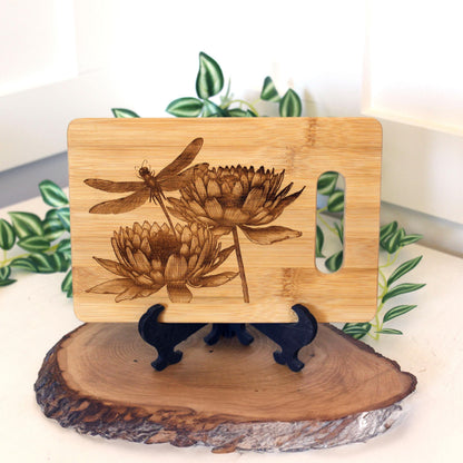 Artistic Dragonfly with Lotus Flowers Engraved on Bamboo Wooden Cutting/Cheese Board to Brighten your Kitchen Decor, great Dragonfly Gift