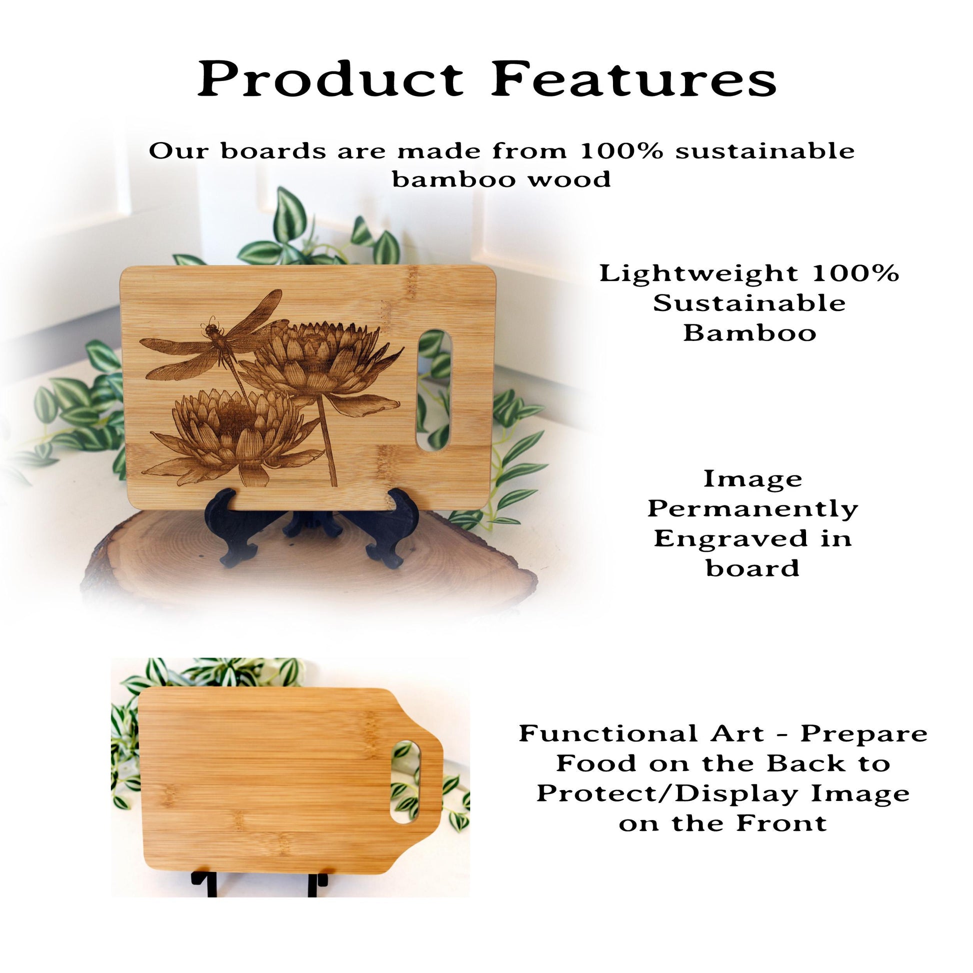 Artistic Dragonfly with Lotus Flowers Engraved on Bamboo Wooden Cutting/Cheese Board to Brighten your Kitchen Decor, great Dragonfly Gift