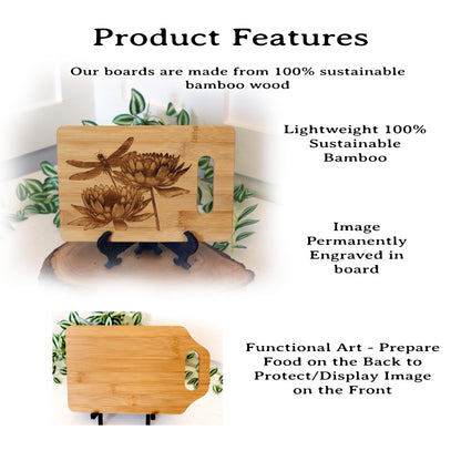 Artistic Dragonfly with Lotus Flowers Engraved on Bamboo Wooden Cutting/Cheese Board to Brighten your Kitchen Decor, great Dragonfly Gift