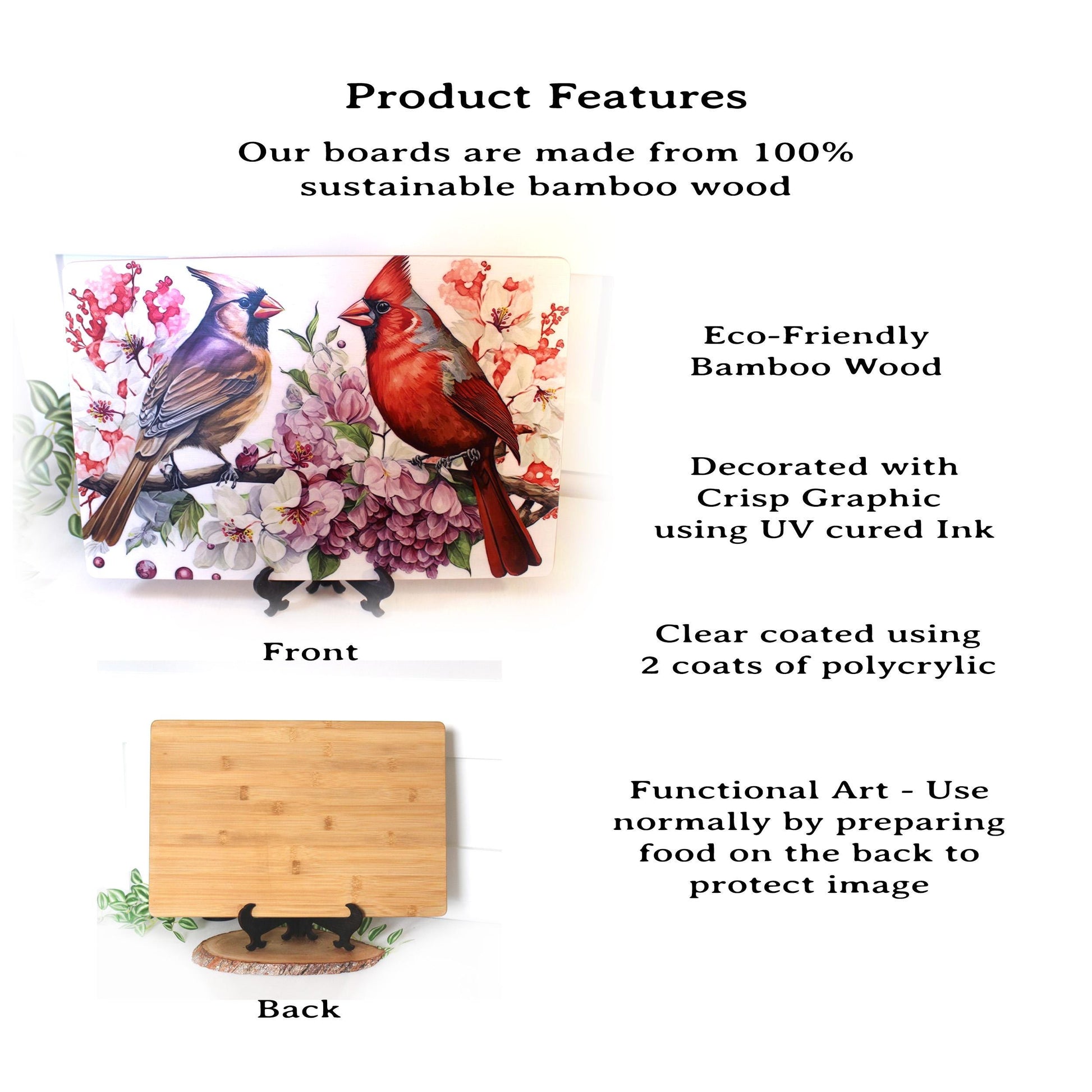 Cardinals with Spring Flowers Brighten up your Kitchen Decor, Environmentally Friendly Bamboo Cutting Board using UV Ink