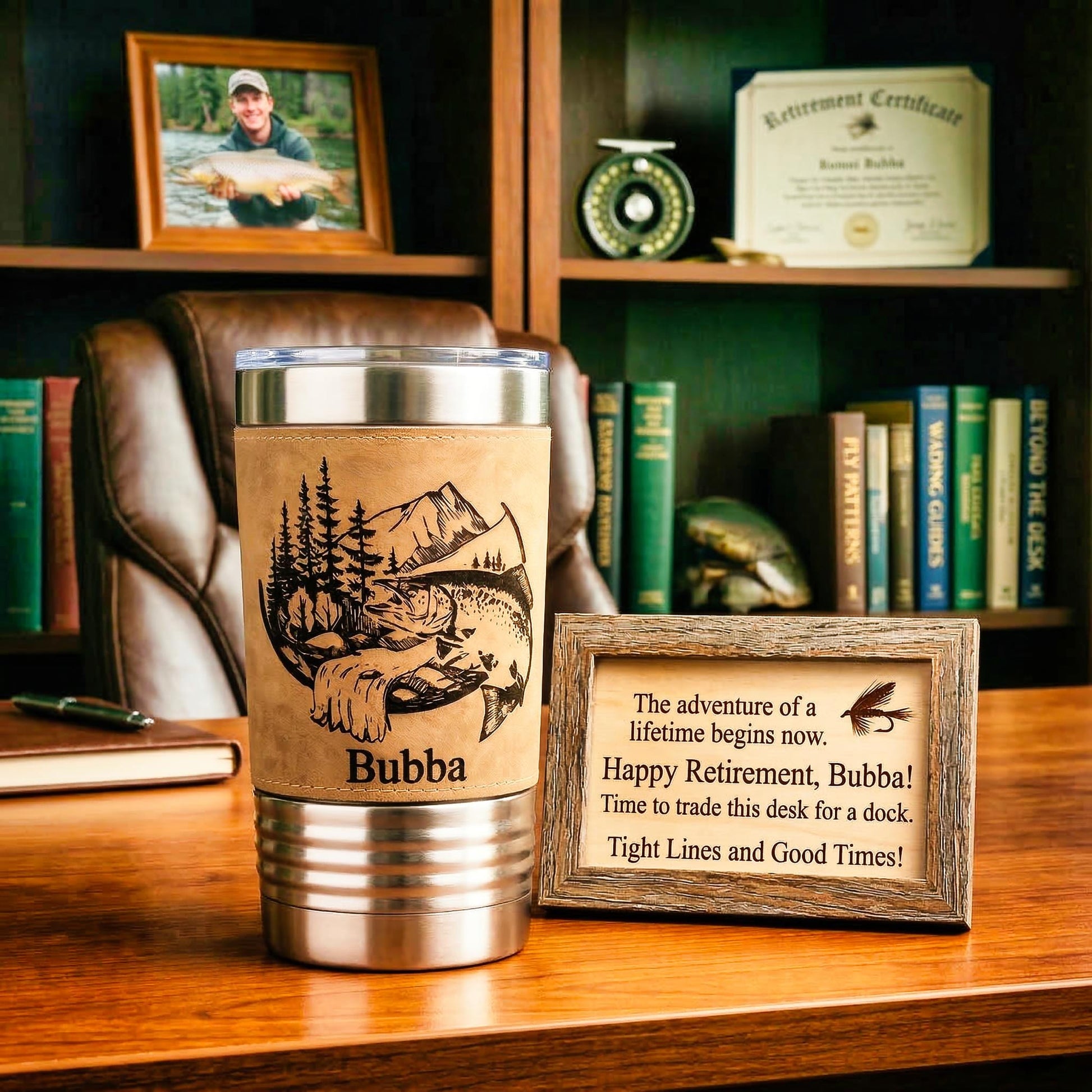Retirement Gift for Fisherman, Personalized Fishing Tumbler for Him, Custom Retiree Cup, Rustic Outdoorsman Gift
